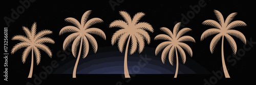 An exquisite collection of palm trees shining against a night sky backdrop, embodying a sense of tropical tranquility and ideal for vacation themes in creative projects.