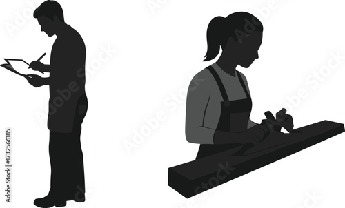 Worker silhouettes, clipboard inspection, manual labor, woodworking, hand tools, teamwork, documentation, vector illustration, black figures, construction scene, artisan, craftsman, planning