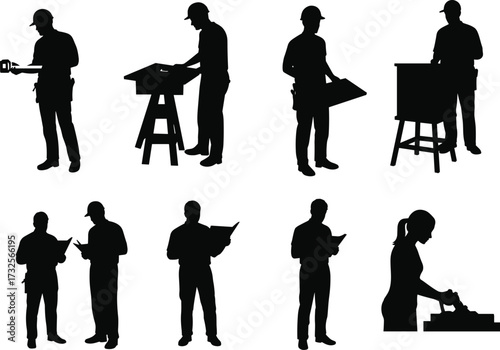 Workplace silhouettes, construction tools, blueprint reading, clipboard teamwork, drafting table, cash register, document review, vector illustration, black figures, professional roles, job tasks