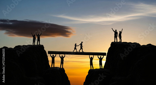 Teamwork and Collaboration Building a Bridge Over a Gap at Sunset