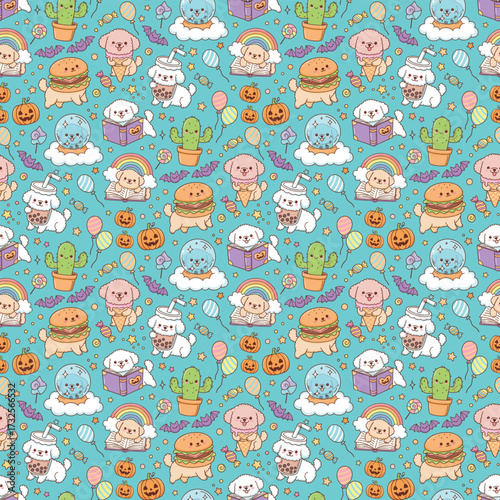 Happy halloween party seamless pattern background with funny puppy dog wearing halloween costume, scary pumpkin and friendly bat. Holidays cartoon character. -Vector