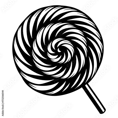 Graphic Black and White Swirl Lollipop Candy on a White Background