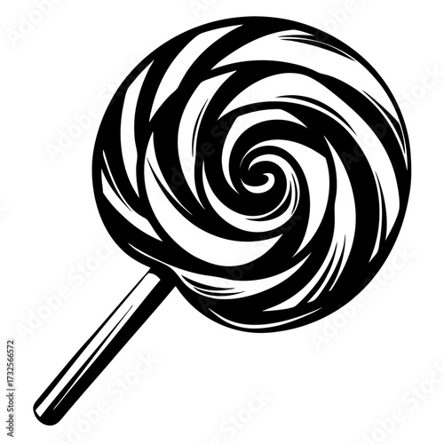 Monochrome Lollipop Illustration with Swirling Design on a Stick, Retro Style