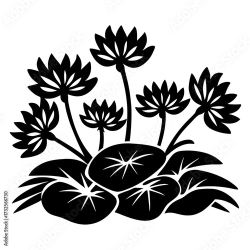 Beautiful black and white illustration of water lilies or lotus flowers arrangement
