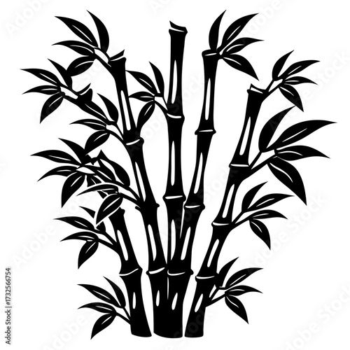 Black Silhouette of Bamboo Stalks and Leaves in an Asian Garden