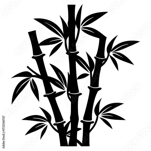 Black and White Bamboo Stalks with Leaves Silhouette Vector Illustration