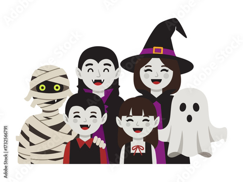 Spooky Halloween Gathering: A gathering of friends in festive Halloween costumes, depicting a whimsical scene with a mummy, a vampire, a witch, a ghost, a child vampire and a child.