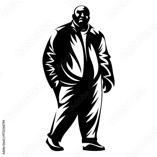 Powerful and imposing figure walking forward in a stylized graphic illustration