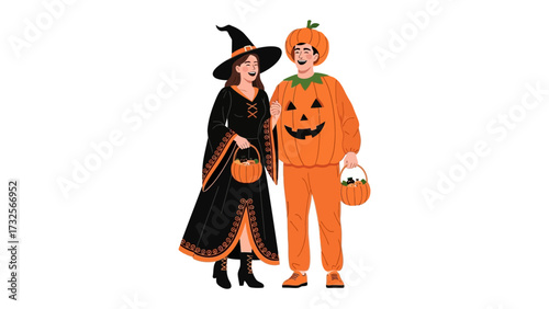 Spirited Halloween Couple: A cheerful couple, costumed as a whimsical witch and a jolly pumpkin, are seen in full costume for the annual Halloween celebration.