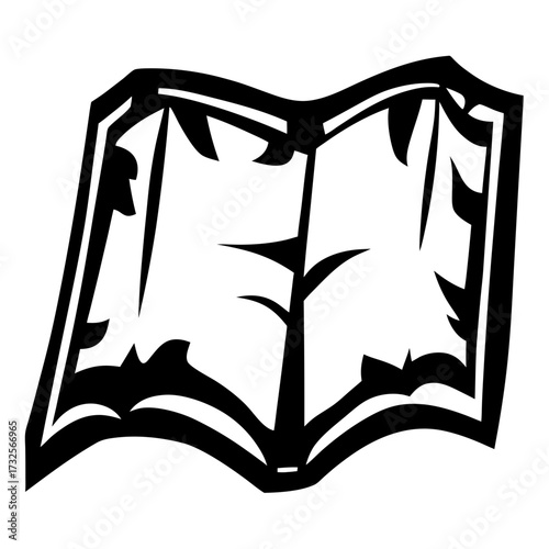 Black and white outline of an open book, facing the viewer
