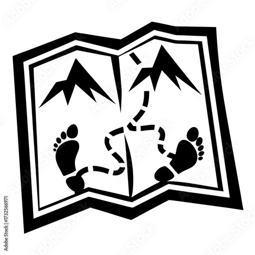 Black and white minimalist vector map icon with feet and mountains