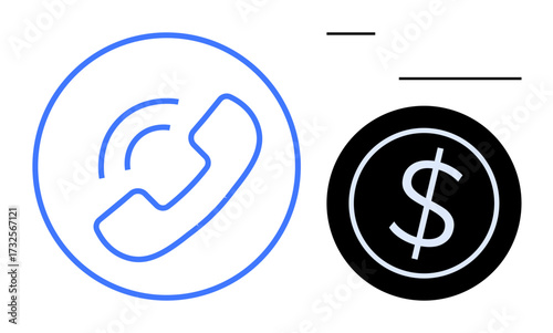 Phone receiver in blue circle paired with a black circle featuring a dollar sign. Ideal for finance, customer support, payment, telecommunication, business growth, savings, simple flat metaphor