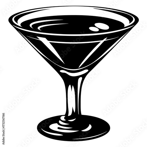 Elegant black and white Martini glass illustration, stylized and clean lines