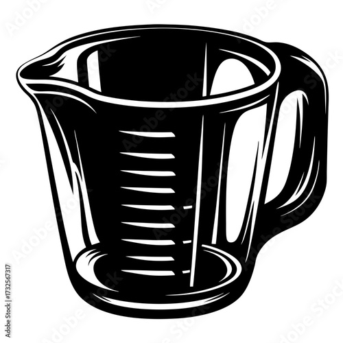 Monochrome illustration of a measuring cup with volume markings and handle