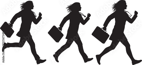 Three businesswomen running with briefcases silhouette