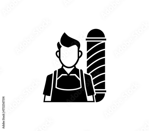 Skilled barber ready to style with iconic barber pole symbol representing grooming and professional service