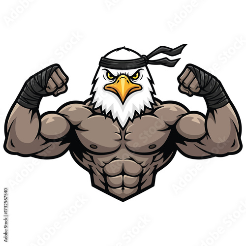 Muscular eagle warrior flexing biceps with determined expression