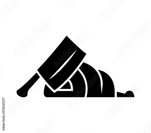 Sharp cleaver poised above a rolled pastry or food item, symbolizing preparation or a culinary concept with bold graphic style