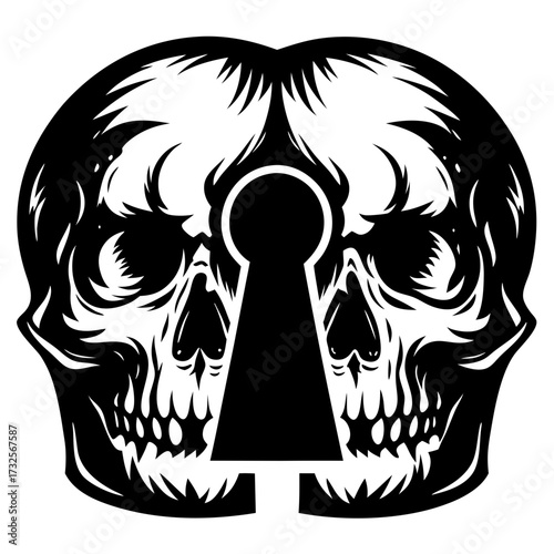 Dual Skull Silhouette with Keyhole Design in a Striking Black and White Illustration