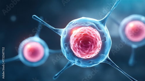 Mesenchymal stem cells in culture showing vibrant cellular structure under microscope in laboratory environment