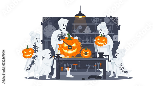 Family's Halloween Pumpkin Carving Ritual: A whimsical depiction of a ghostly family gathering to carve pumpkins, capturing the spirit of Halloween with a touch of festive cheer.