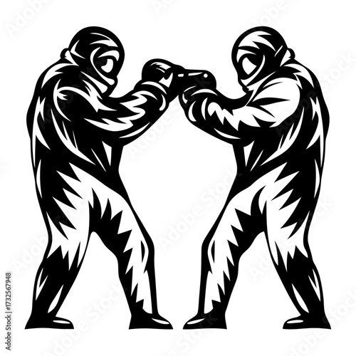 Bold and Stylized Black and White Illustration of Two Boxers Clashing