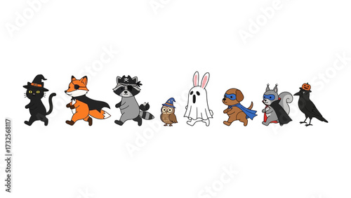Halloween Animal Parade: A charming and whimsical illustration presents a group of adorable animals, each dressed in their unique Halloween costumes, creating a delightful and festive atmosphere.