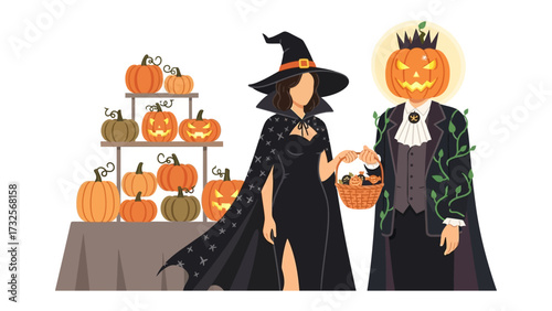 Witch and Pumpkin-headed Figure at a Halloween Celebration:  A witch in a classic outfit interacts with a pumpkin-headed person with a basket of treats at a pumpkin stand during a Halloween festival