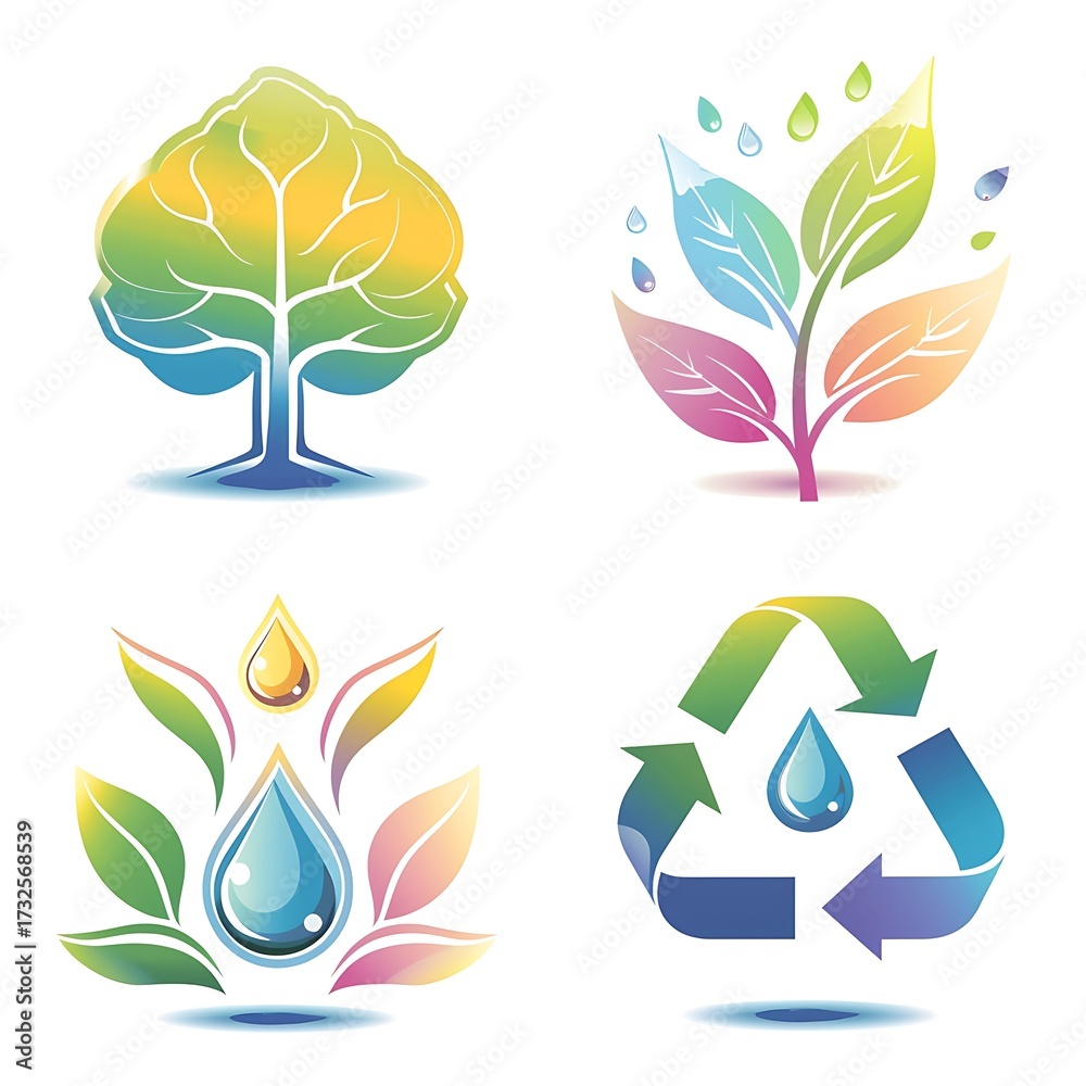 Fototapeta premium Vibrant environmental icons symbolizing nature's elements and sustainable actions