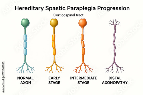 Illustration of the progression of Hereditary Spastic Paraplegia, showing normal axon and stages of axon degeneration.