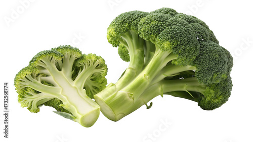 Fresh green broccoli head and a cut half isolated on a transparent background