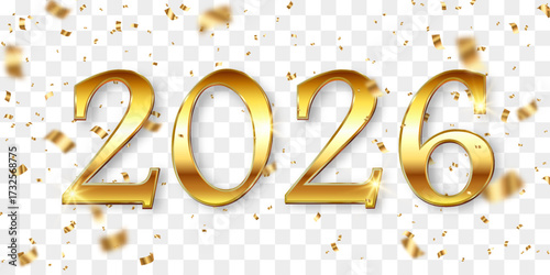 Vector festive 2026 New Year confetti and flying balloons png. Golden bright confetti falls. Vector celebration background with confetti and 3d helium balloons. Isolated on transparent background.