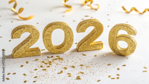 Golden glitter numbers 2026 with confetti and ribbon on white background