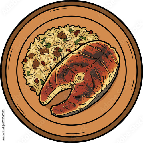 Vector illustration of a balanced and nutritious meal of fried fish and rice. This healthy fish dish rich in omega-3 is specially designed for diet plans, fitness articles, and cooking websites.