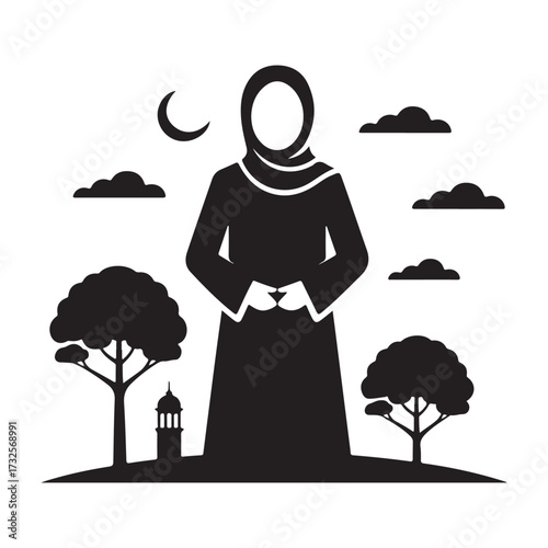 Islamic woman wearing hijab praying under crescent moon and clouds silhouette