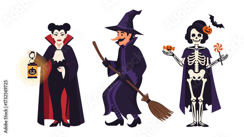 Halloween Characters Gathering: Three fantastical characters come together, personifying the thrill and whimsy of All Hallows' Eve. A witch, a vampire.