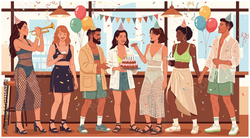 people celebrating birthday or anniversary. Men and women have birthday party with balloons, cake and sparkler. Concept of grand opening, company or team bday, successful deal startup.