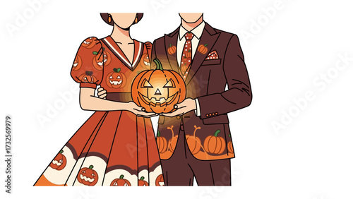 Halloween Couple Holding a Carved Pumpkin: A festive illustration of a couple, dressed in themed attire, embraces and holds a glowing carved pumpkin, setting the stage for the Halloween night.