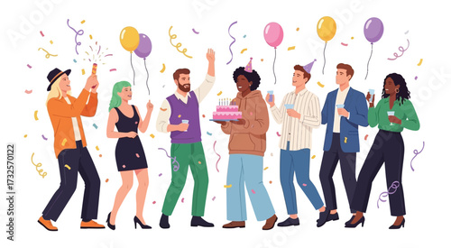 people celebrating birthday or anniversary. Men and women have birthday party with balloons, cake and sparkler. Concept of grand opening, company or team bday, successful deal startup.