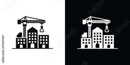 Building Construction Icon with Crane Lifting Load on Transparent Background