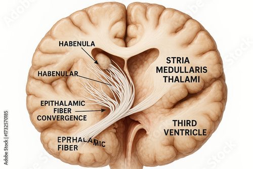 Anatomical illustration of the human brain showing the habenula, stria medullaris thalami, third ventricle, and epithalamic fiber convergence.