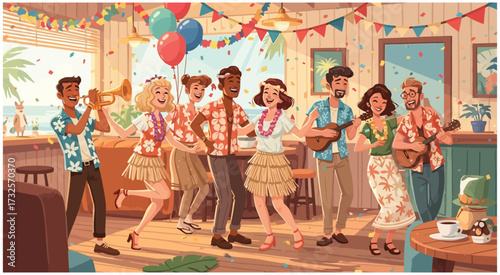 People celebrate Birthday. Friends with gifts near cake, students at party. Greeting or invitation postcard. Persons having fun together, men and women with drinks. Cartoon flat vector illustration