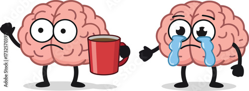 Vector art of sad brain character holding a coffee mug and another brain character crying