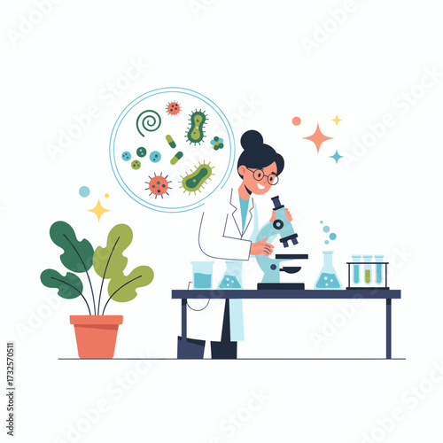 Illustration concept of a doctor conducting medical research, presented as a flat image on a white background