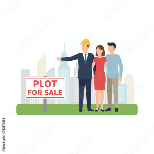 An agent and prospective buyers examine a land plot on sale; design a distinctive illustration for a website, app, or presentation