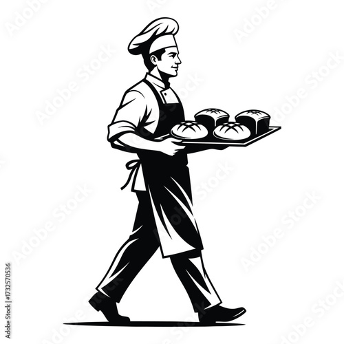 Baker chef carrying freshly baked bread and pastries illustration for food business branding silhouette