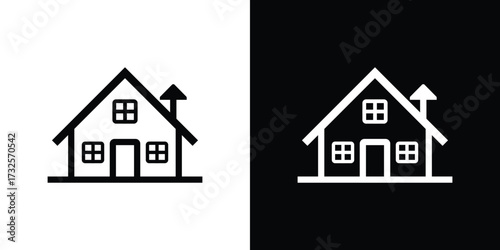 Home Icon With Gable Roof and Chimney Silhouette on White & Black