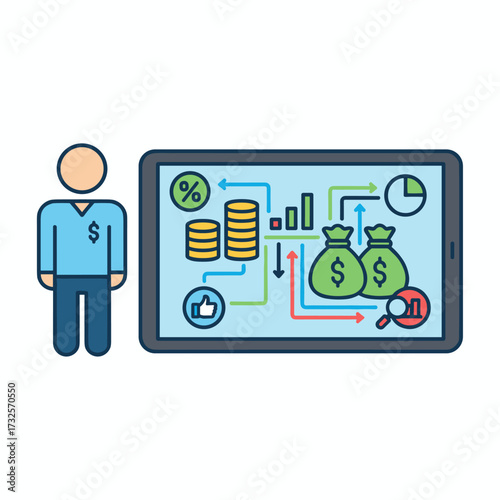 Create a character-based Make Money Online (MMO) concept suitable for web banners, mobile apps, and hero images—a flat vector illustration on a white background