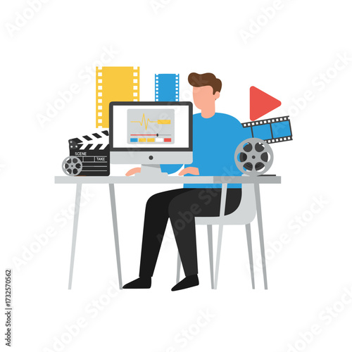 A video creator edits a video using professional equipment, illustrating the concept on a white background