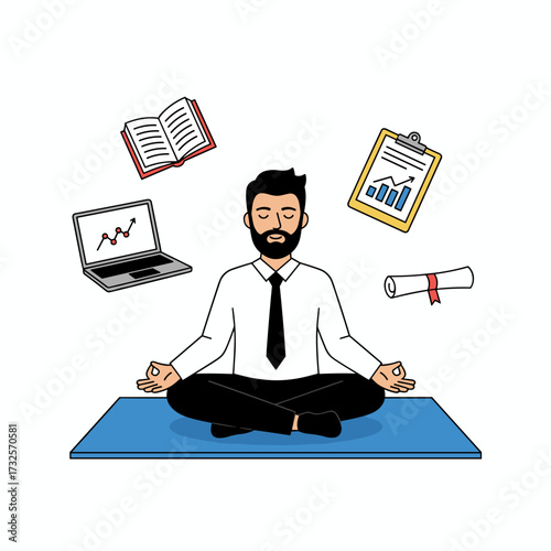 Illustration concept of a businessman meditating, rendered flat and isolated on a white background